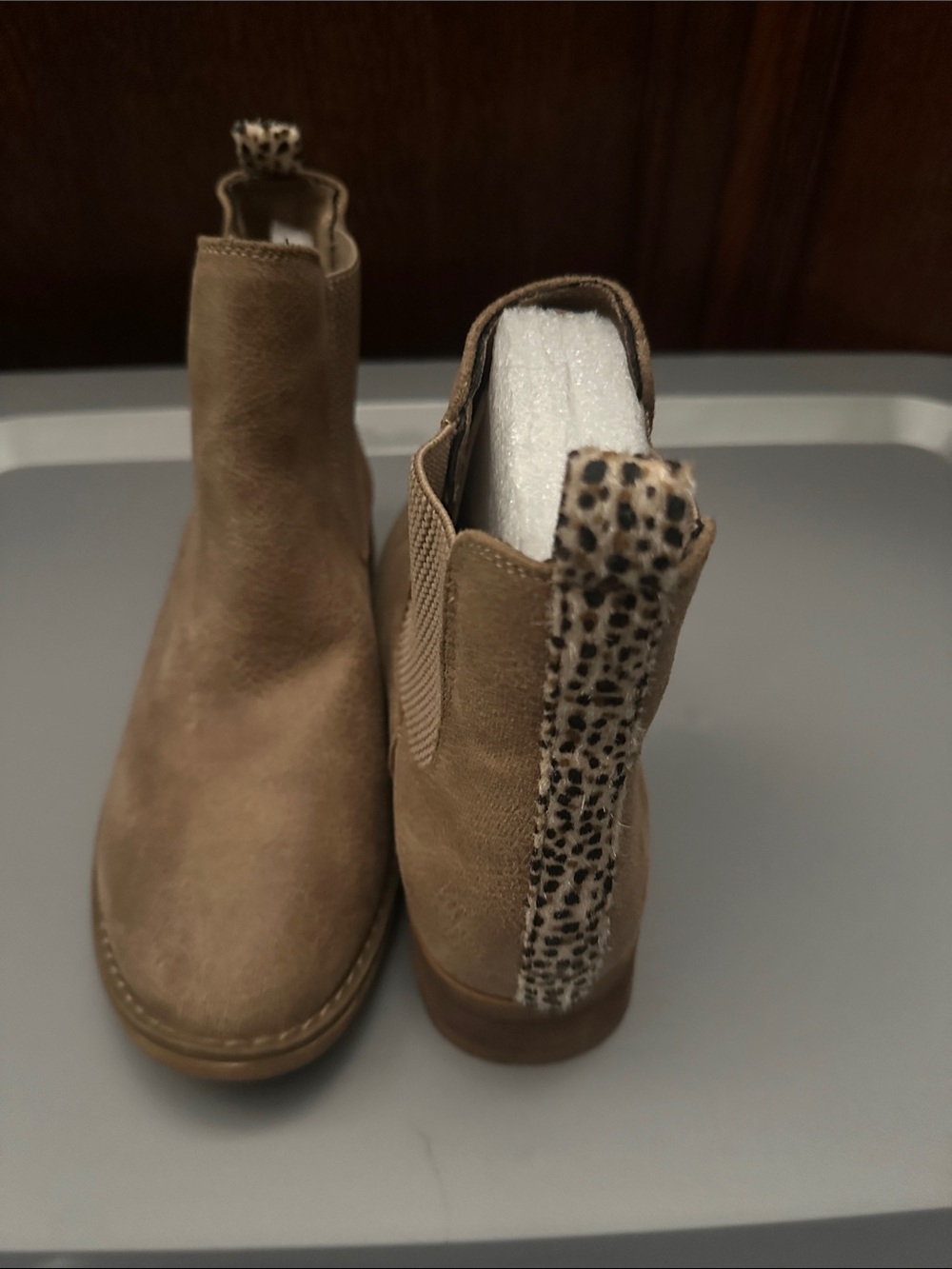 Women's Bootie in Taupe with Leopard Pull Tab